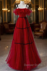 A-Line Off Shoulder Tulle Burgundy Long Prom Dresses, Burgundy Long Formal Dresses